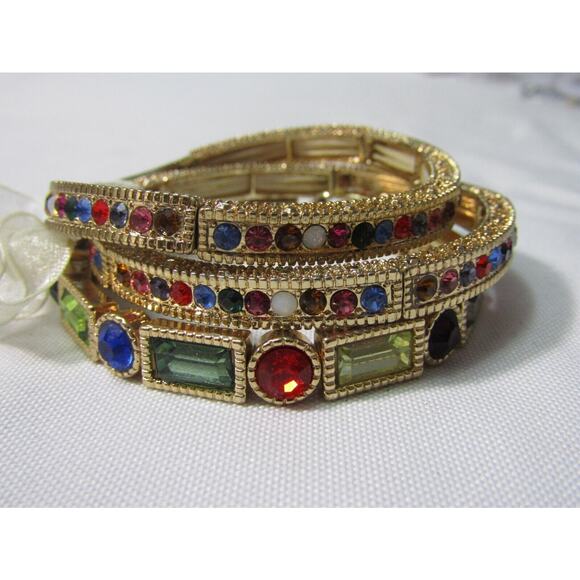 Multi Color Gold Tone Bead Stretch Bracelet Set 6" Wristlet Boho Quite Luxury - Picture 5 of 8